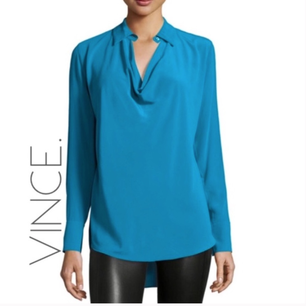 VINCE 100% Silk Turquoise Long Sleeve Blouse